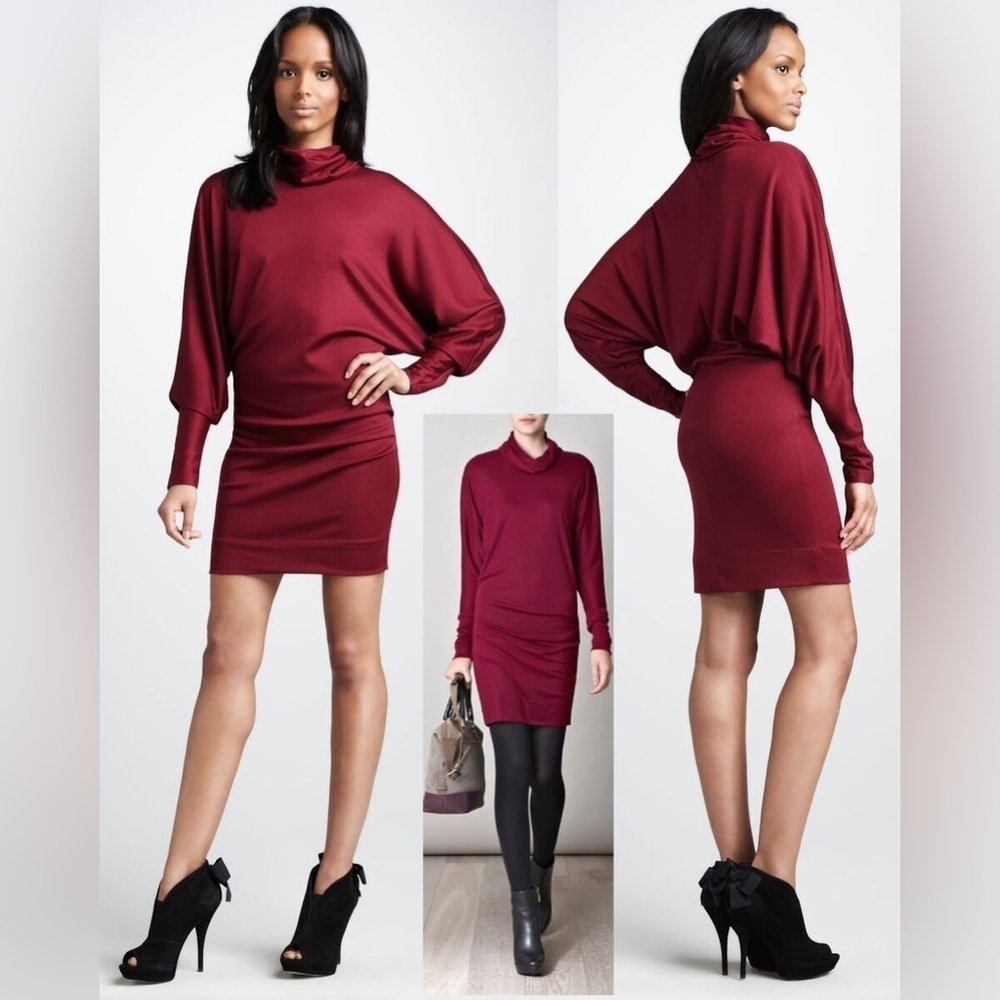 Diane Von Furstenberg Maryn Wool Jersey Maroon Dolman Sleeve Dress.